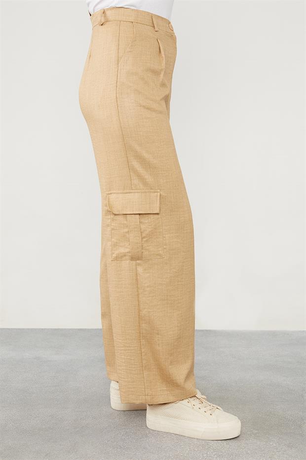 Koyu Bej Keten Kargo Pantolon