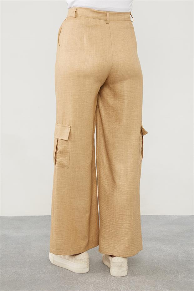 Koyu Bej Keten Kargo Pantolon