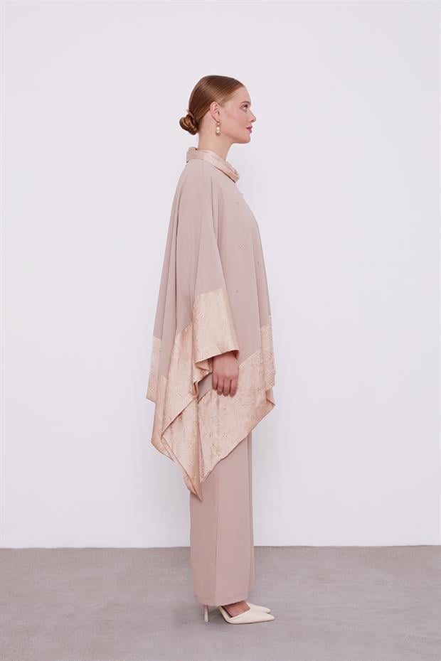 K.Bej Kendinden Şal Detaylı Tunik Takım