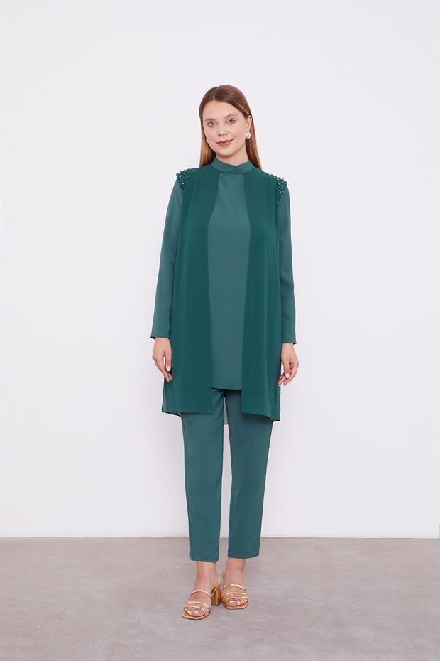 Koyu Yeşil Şifon Omuzları İşlemeli İkili Takım