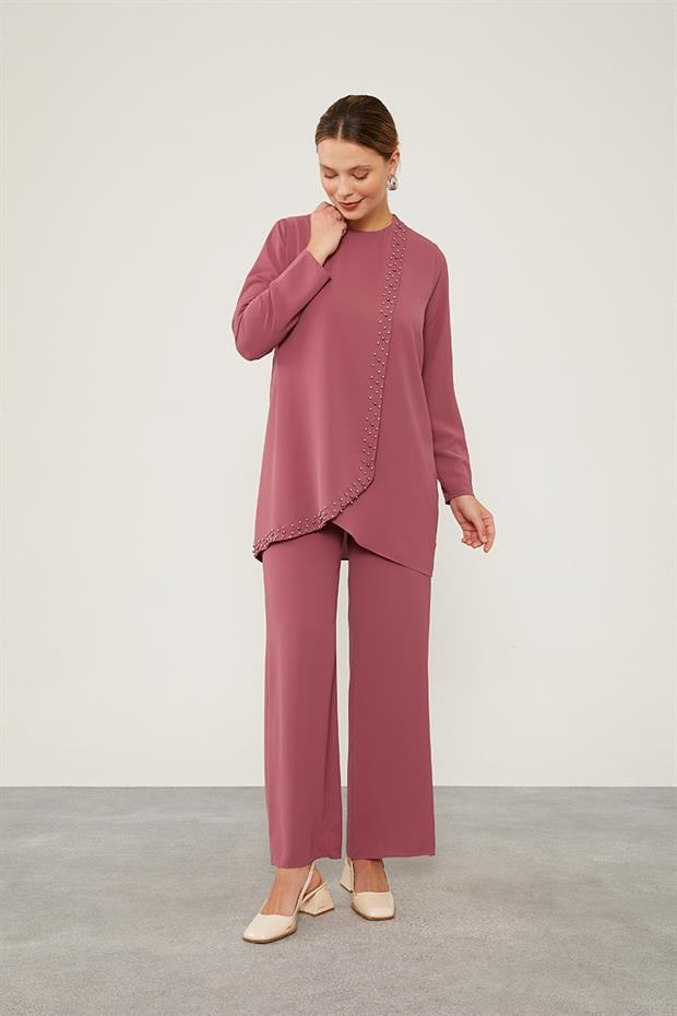 K.Pembe İnci İşlemeli Şifon İkili Takım