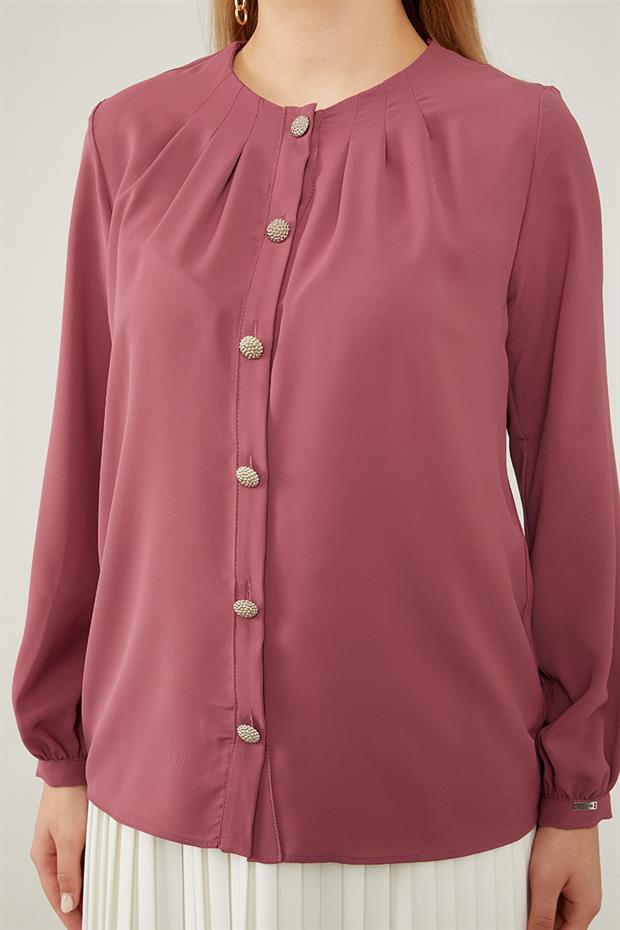 K.Pembe Bisiklet Yaka Taş  Düğmeli Gömlek