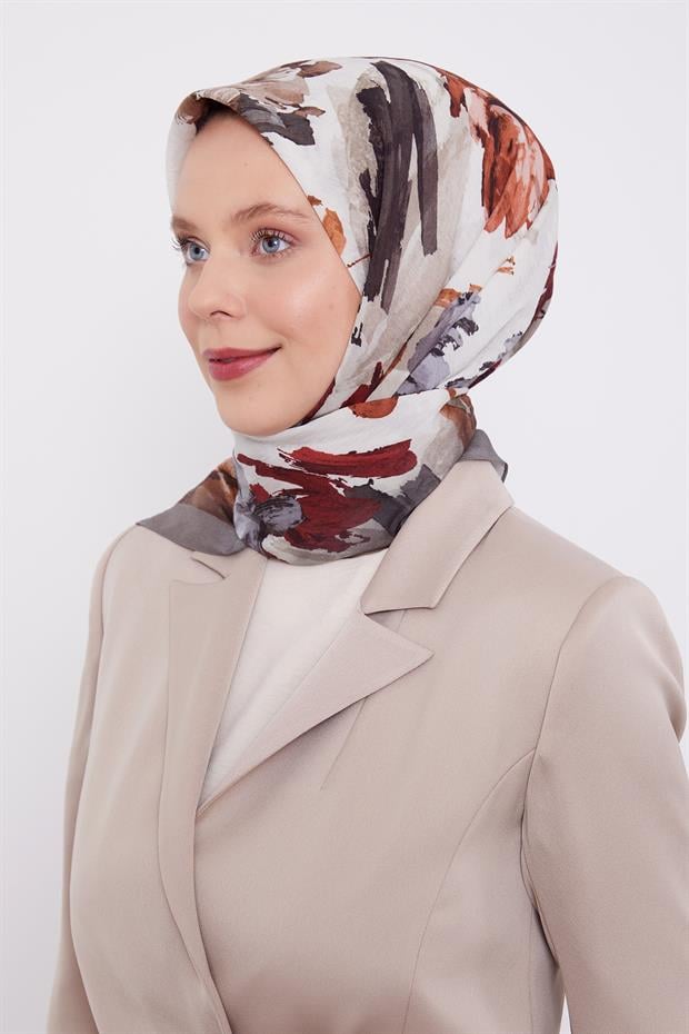 Koyu Vizon Soyut Desen Modal İpek Eşarp