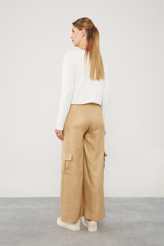 Koyu Bej Keten Kargo Pantolon