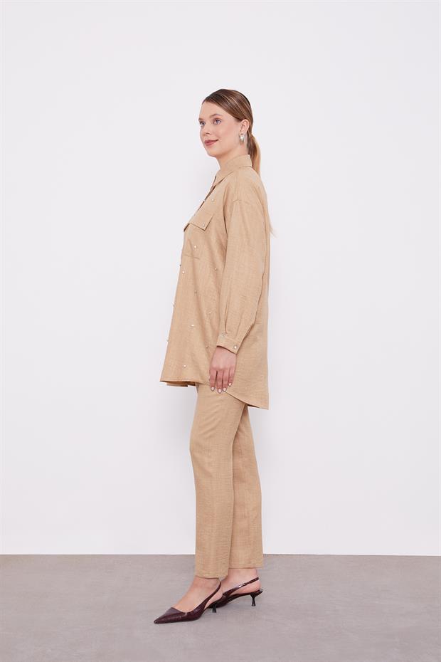 K.Bej Taş İşlemeli Melanj Gömlek İkili Takım