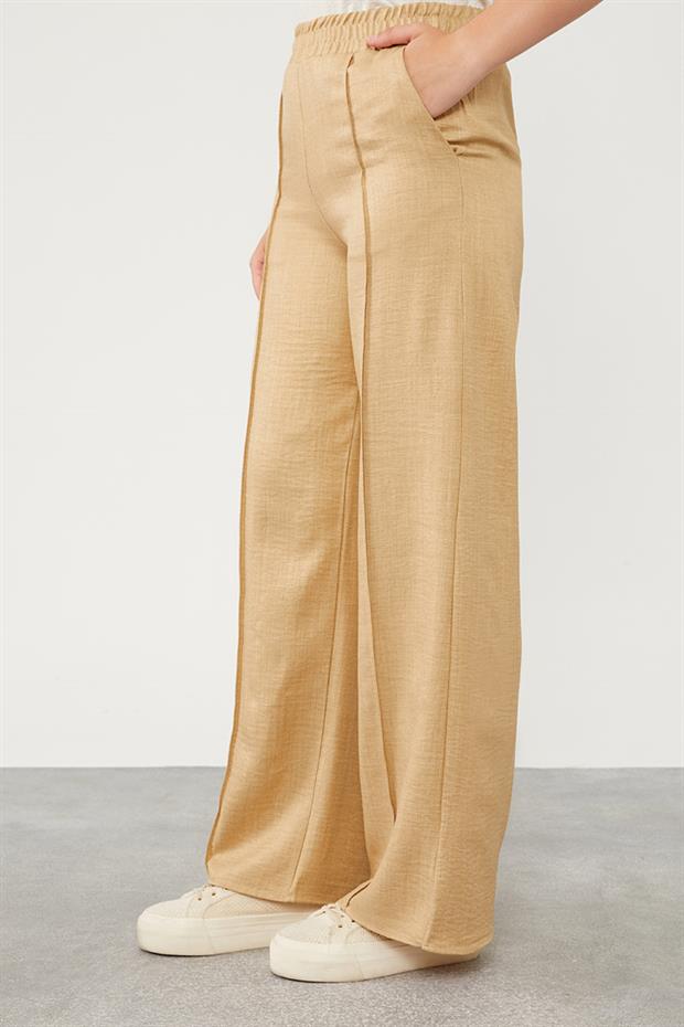 Koyu Bej Belli Lastikli Çizgi Detay Pantolon