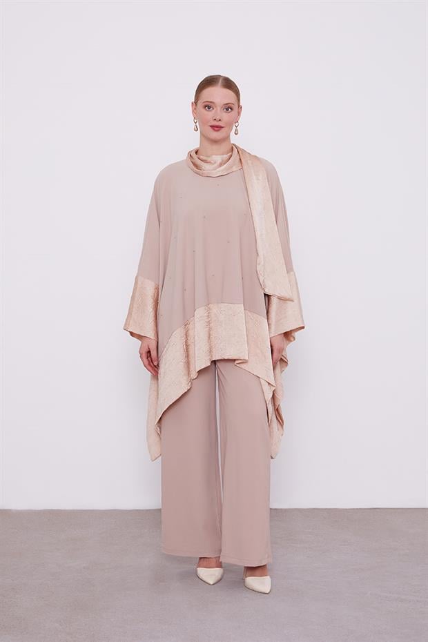 K.Bej Kendinden Şal Detaylı Tunik Takım