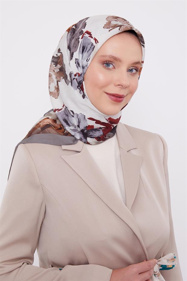 Koyu Vizon Soyut Desen Modal İpek Eşarp