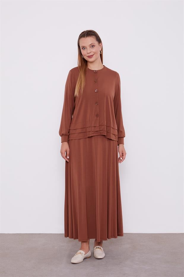Kahve Düğme Kapamalı Etekli Takım