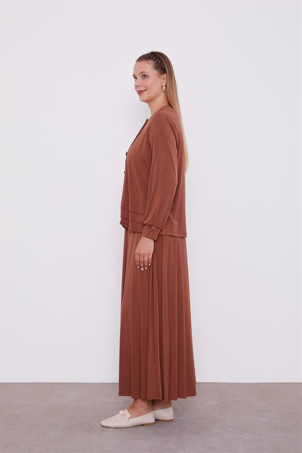 Kahve Düğme Kapamalı Etekli Takım