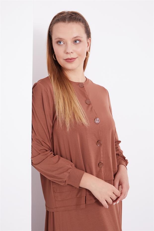 Kahve Düğme Kapamalı Etekli Takım