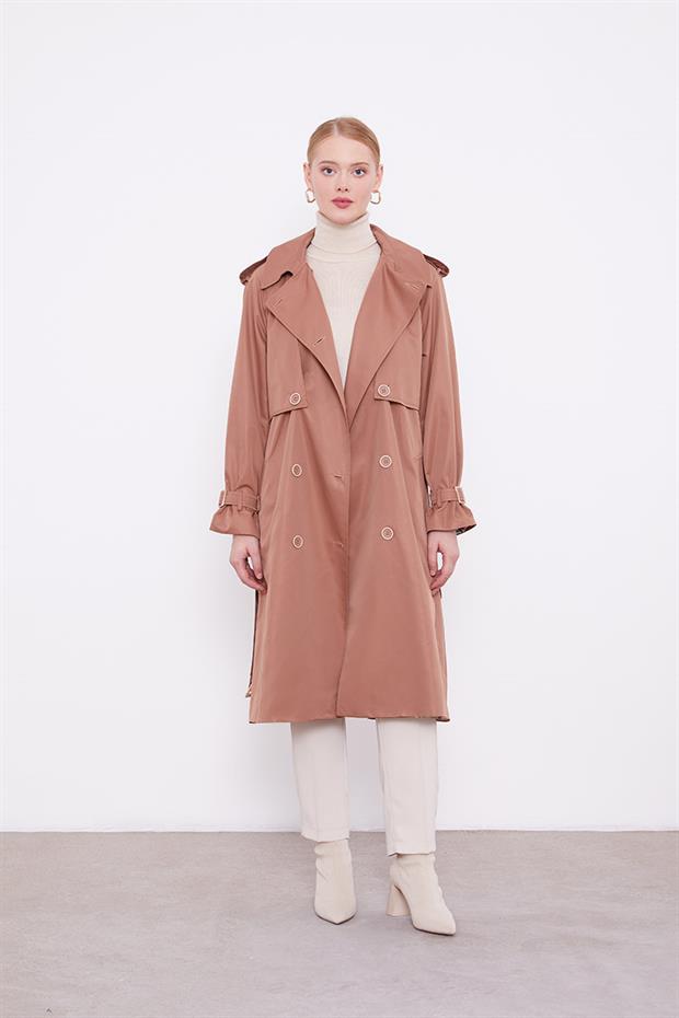 Kahve Ekose Astarlı Trençkot