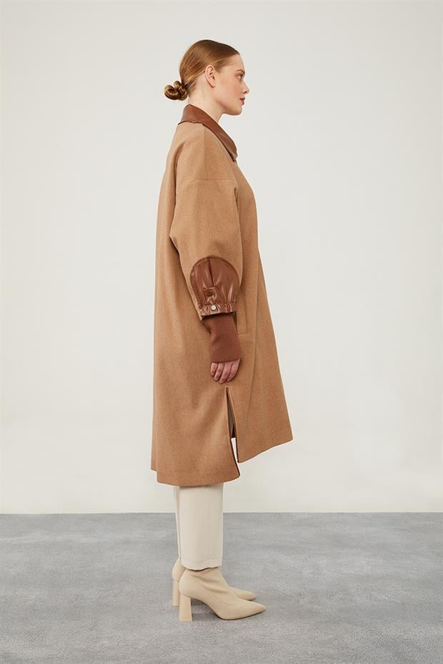 Kahve Fermuar Detaylı Suni Deri Kaban