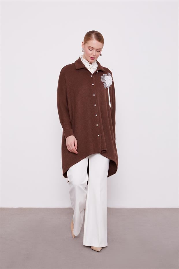 Kahve Gül Broş Detaylı Kaşmir Tunik