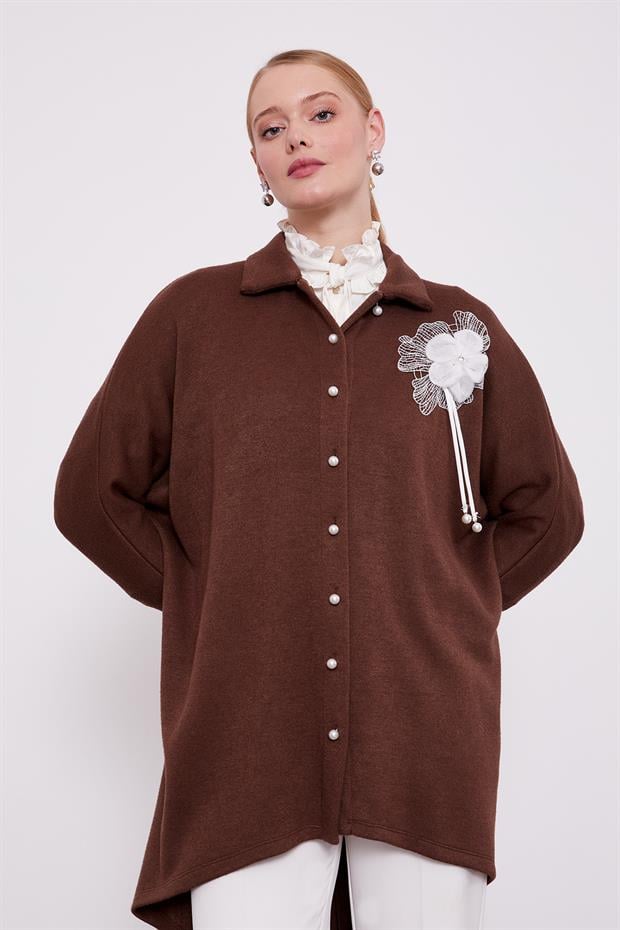 Kahve Gül Broş Detaylı Kaşmir Tunik