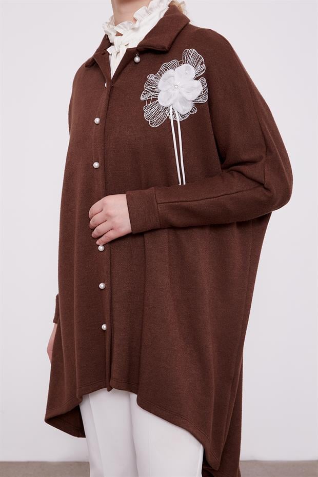 Kahve Gül Broş Detaylı Kaşmir Tunik