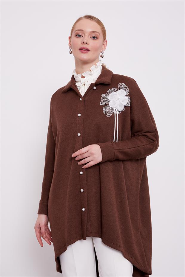 Kahve Gül Broş Detaylı Kaşmir Tunik