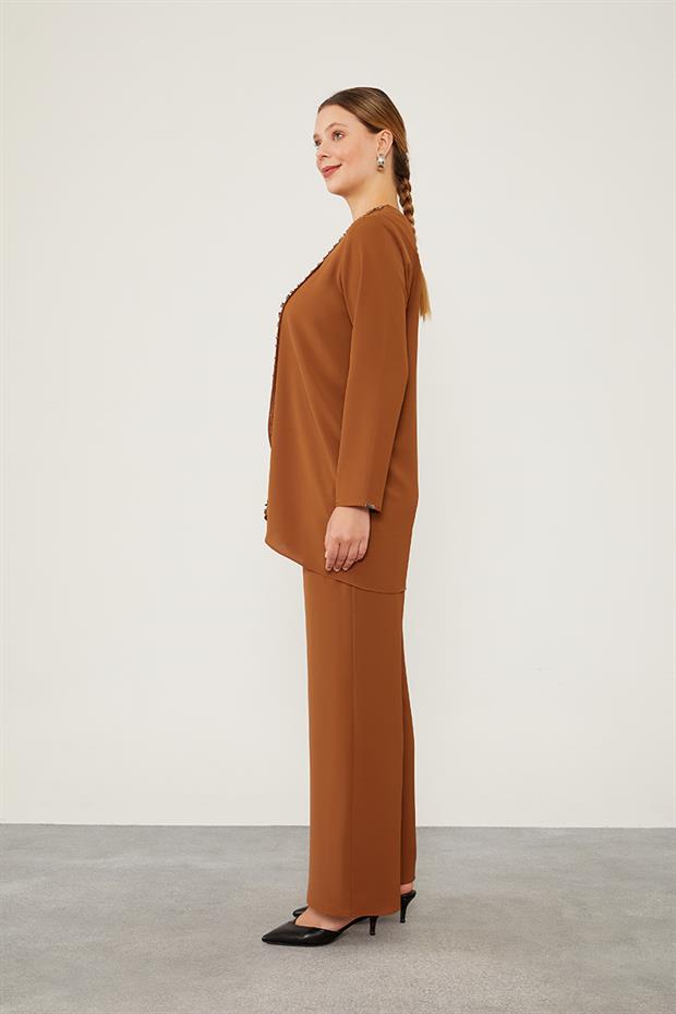 Kahve İnci İşlemeli Şifon İkili Takım