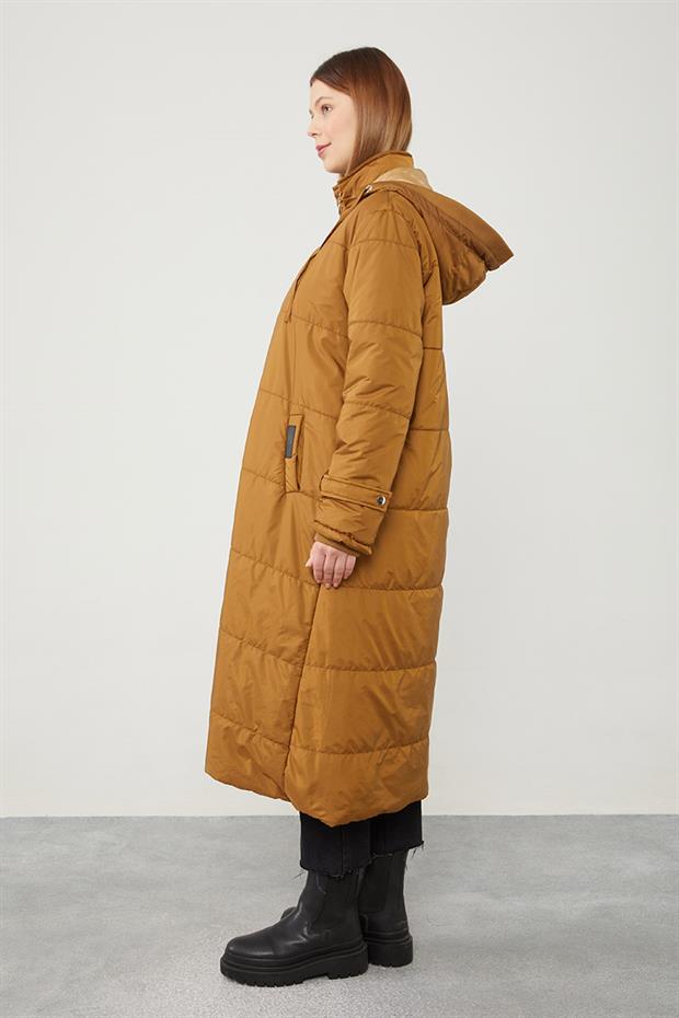 Kahve Kapüşonlu Kapitone Uzun Mont