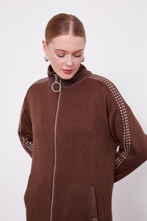 Kahve Kolları Taş İşlemeli Kaşmir İkili Takım