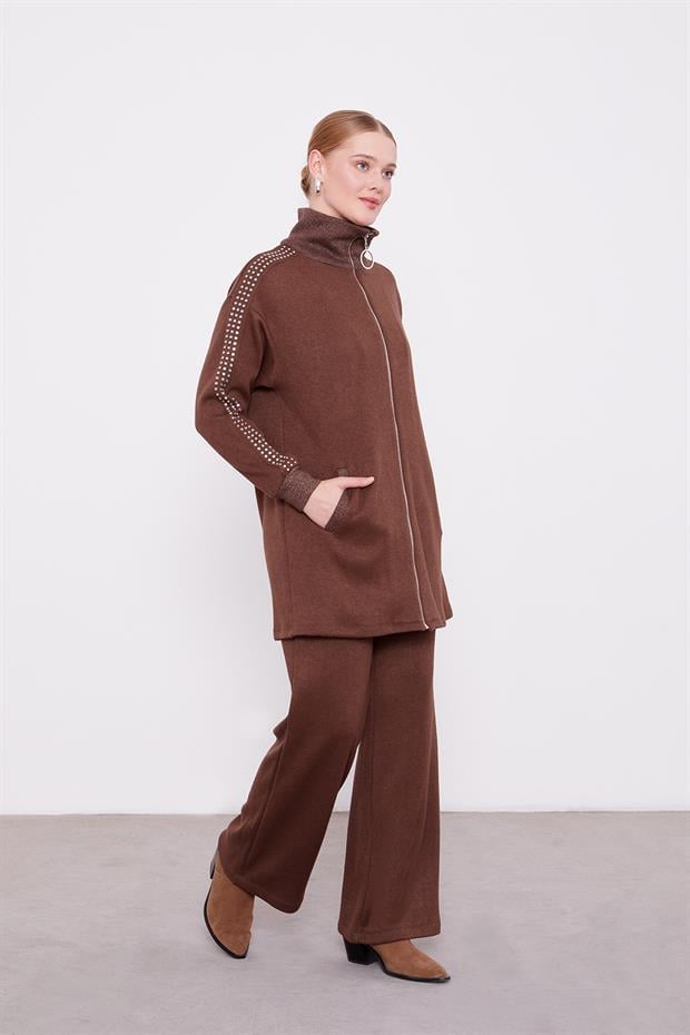 Kahve Kolları Taş İşlemeli Kaşmir İkili Takım