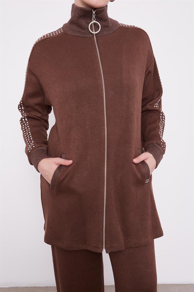 Kahve Kolları Taş İşlemeli Kaşmir İkili Takım