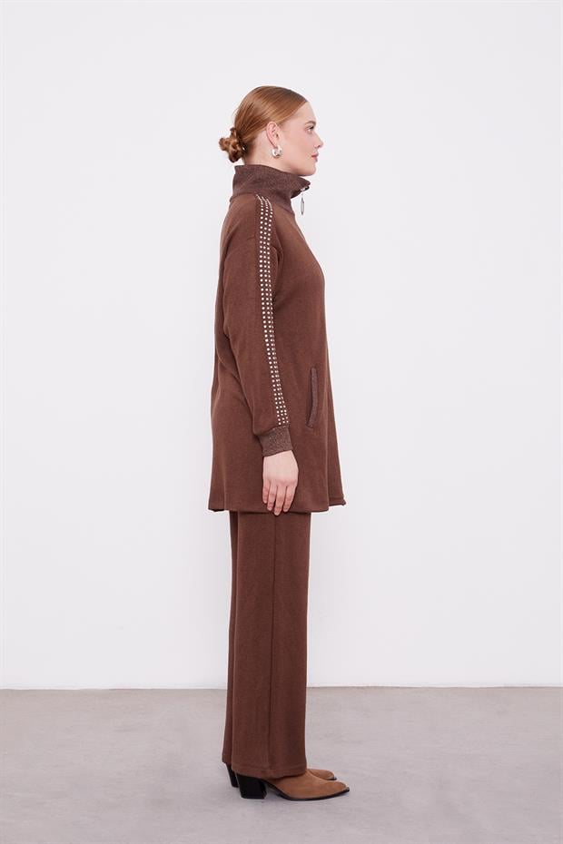 Kahve Kolları Taş İşlemeli Kaşmir İkili Takım