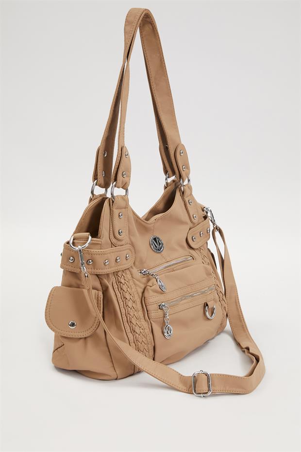 Kahve Çok Bölmeli Örgü Detay Omuz Çantası