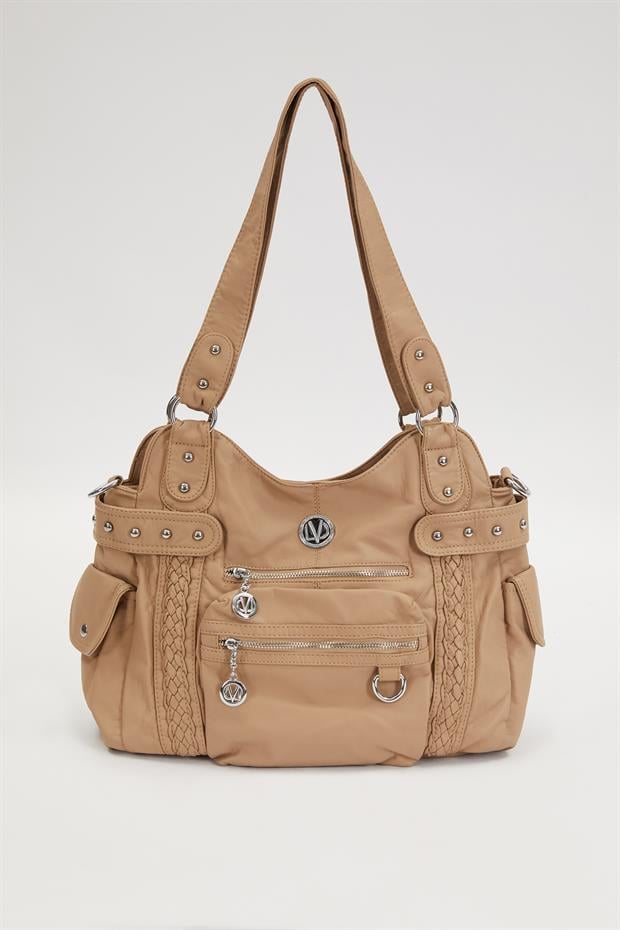 Kahve Çok Bölmeli Örgü Detay Omuz Çantası