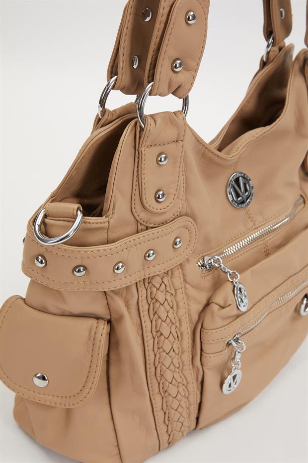 Kahve Çok Bölmeli Örgü Detay Omuz Çantası