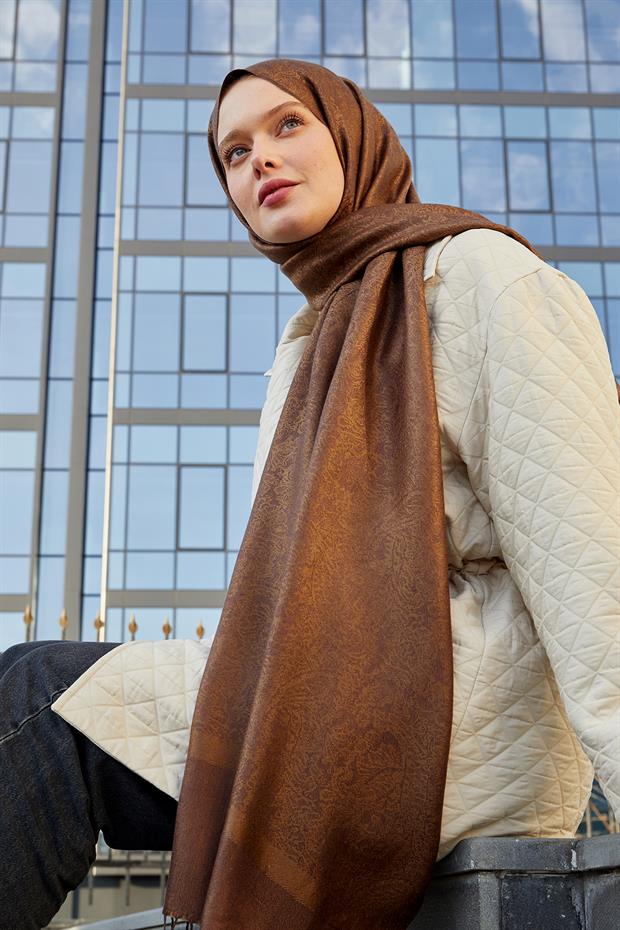 Kahve Püsküllü Etnik Kaşmir İpek Şal