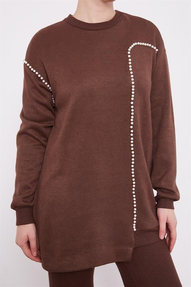 Kahve Şerit İncili Kaşmir İkili Takım