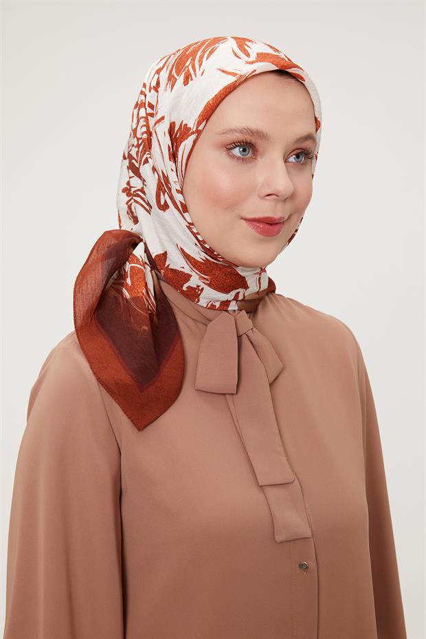 Kiremit Çiçek Soyut Desen Modal İpek Eşarp