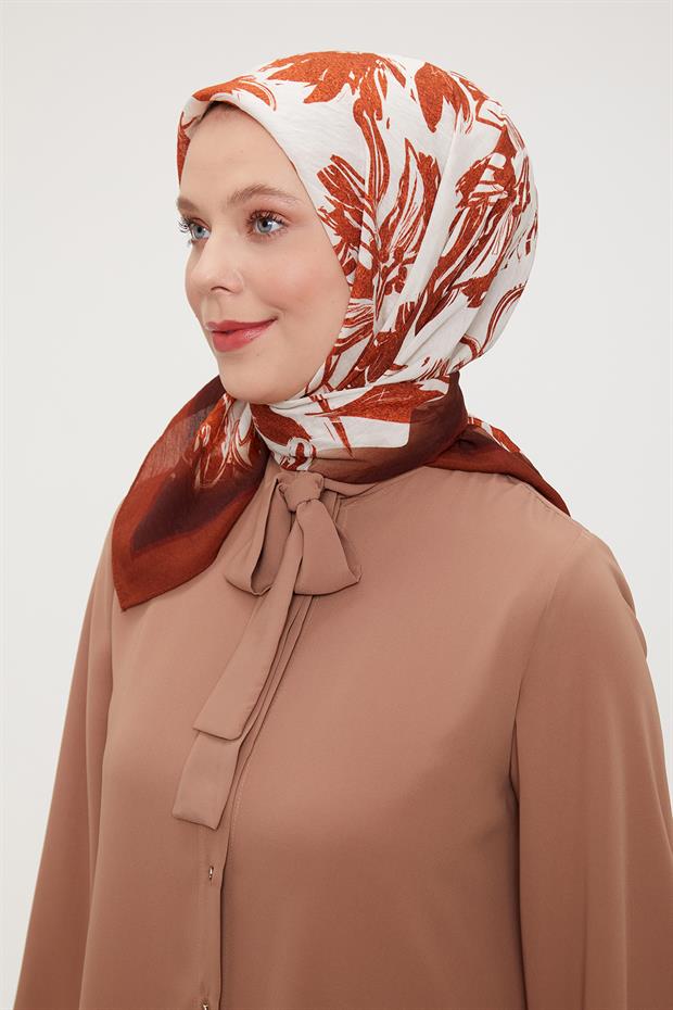 Kiremit Çiçek Soyut Desen Modal İpek Eşarp