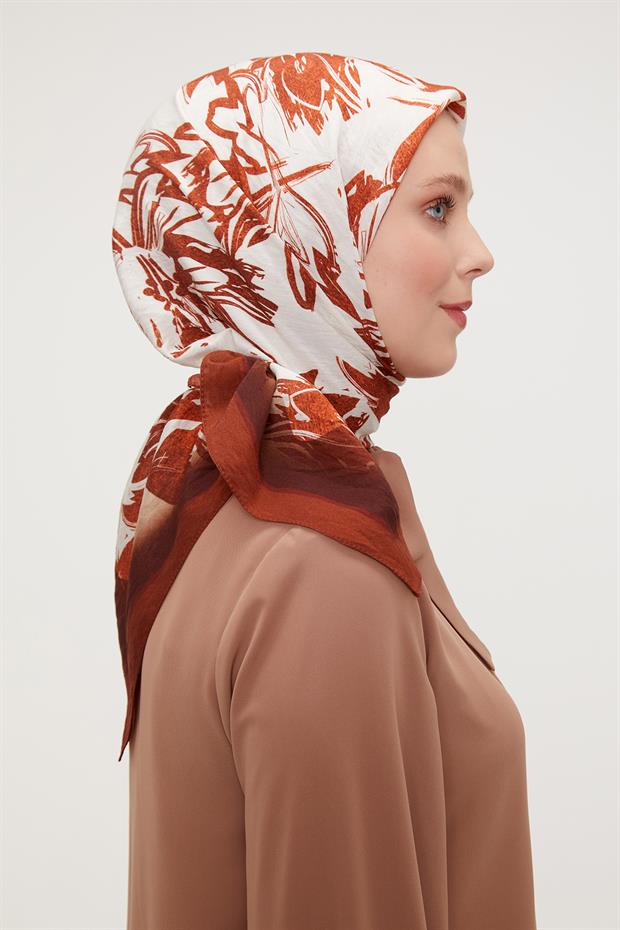 Kiremit Çiçek Soyut Desen Modal İpek Eşarp