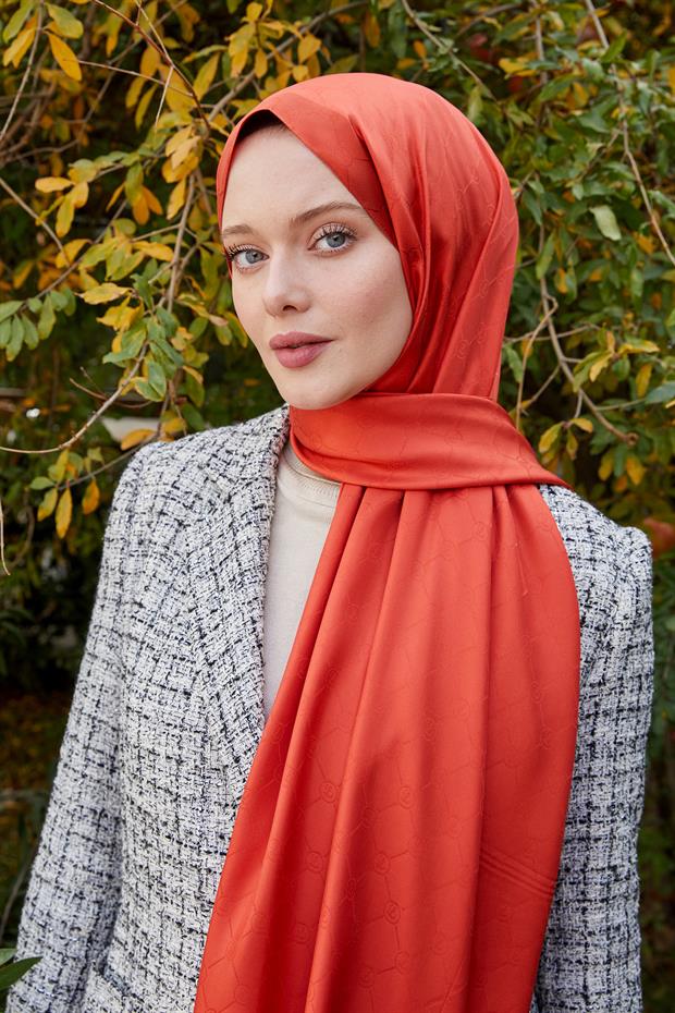 Kiremit Petek Desen Monogram İpek Şal