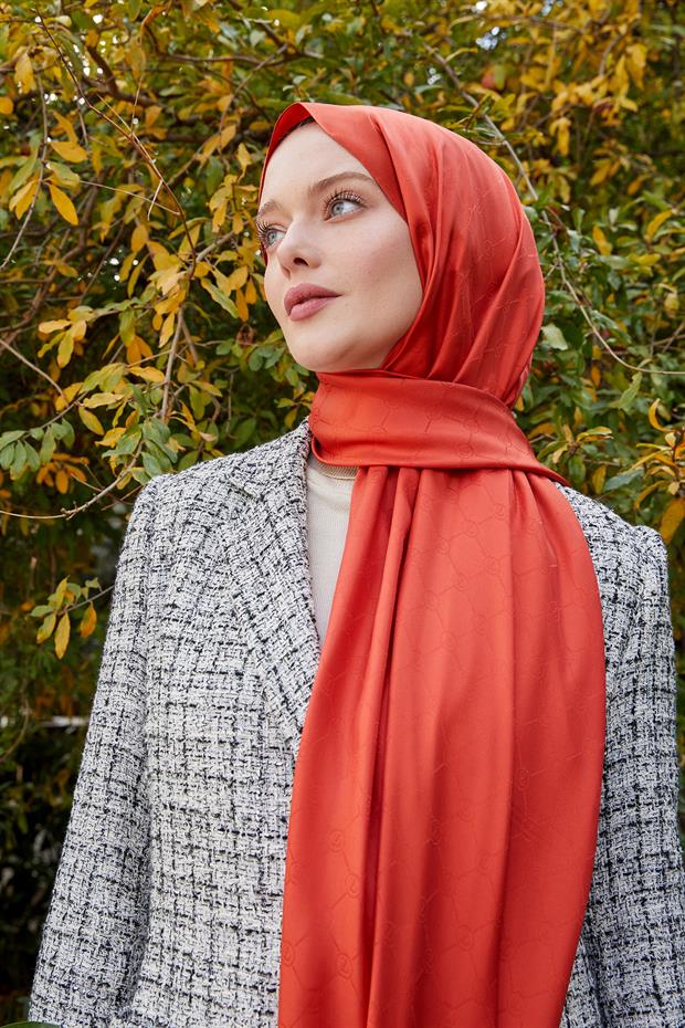 Kiremit Petek Desen Monogram İpek Şal