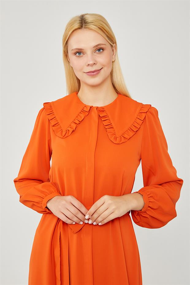 Kiremit Yakası Fırfır Detaylı Elbise