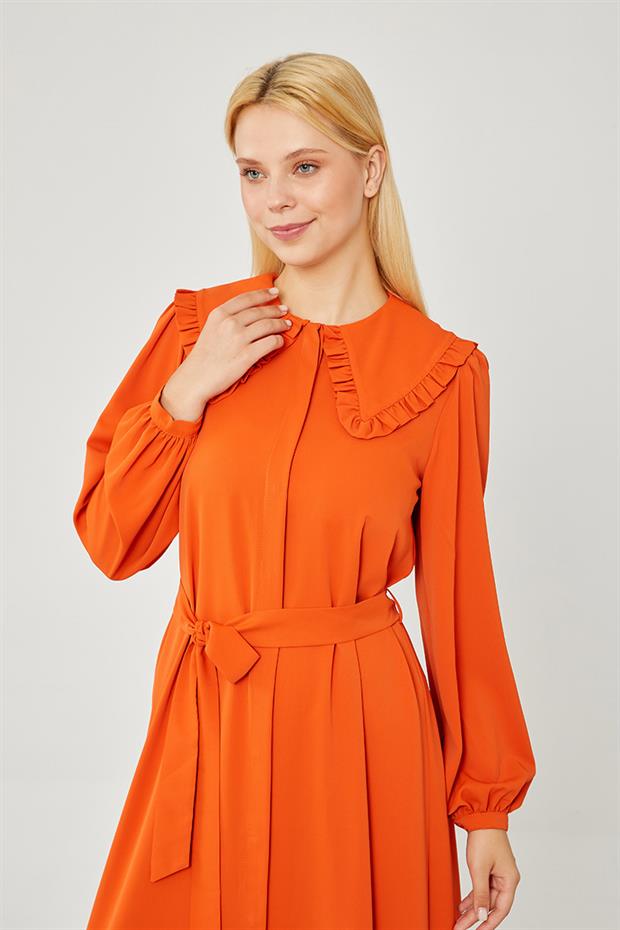 Kiremit Yakası Fırfır Detaylı Elbise