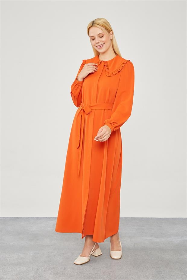 Kiremit Yakası Fırfır Detaylı Elbise