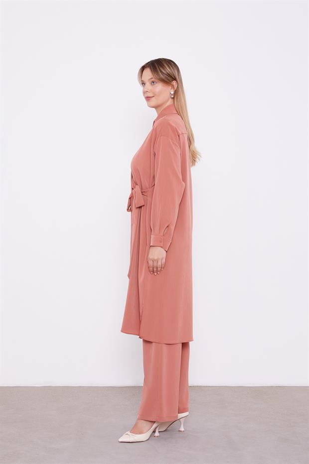 Kiremit Yandan Bağlamalı Pliseli İkili Takım