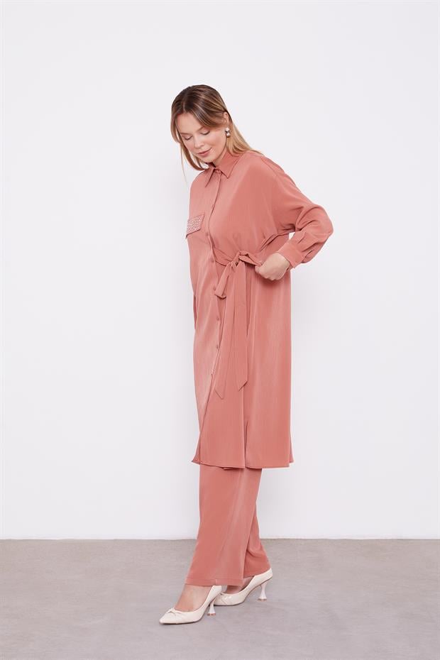 Kiremit Yandan Bağlamalı Pliseli İkili Takım