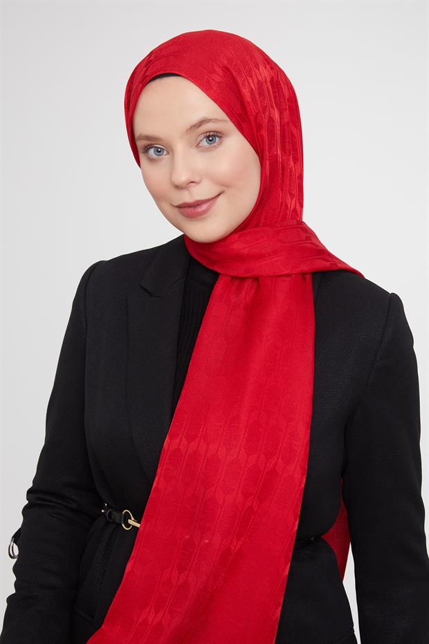 Kırmızı Geometrik Desen Jakarlı Janjan Şal