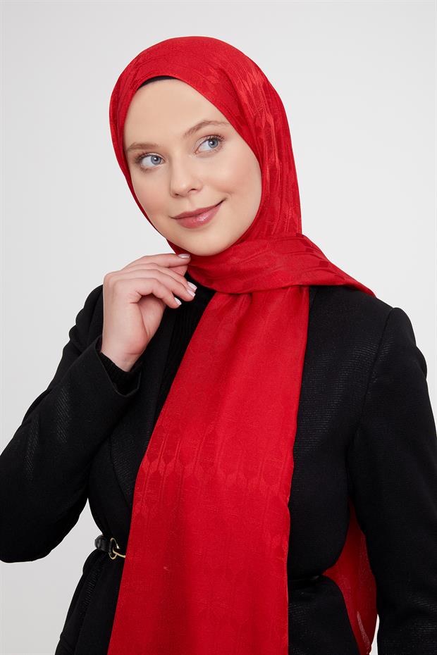 Kırmızı Geometrik Desen Jakarlı Janjan Şal