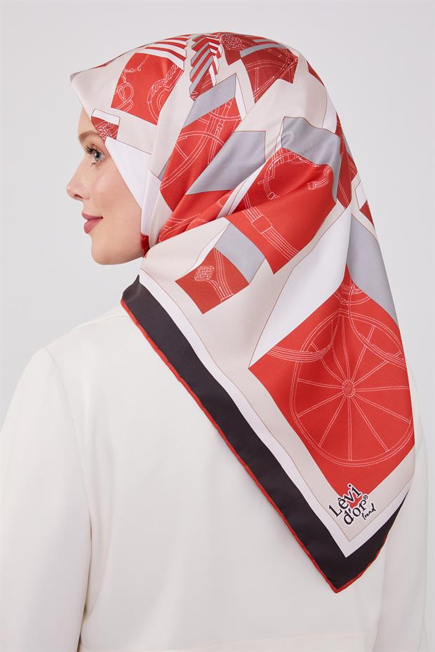 Kırmızı Küp Desen Twill Eşarp