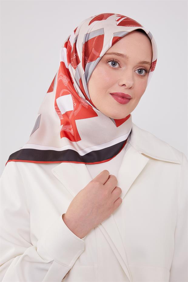 Kırmızı Küp Desen Twill Eşarp