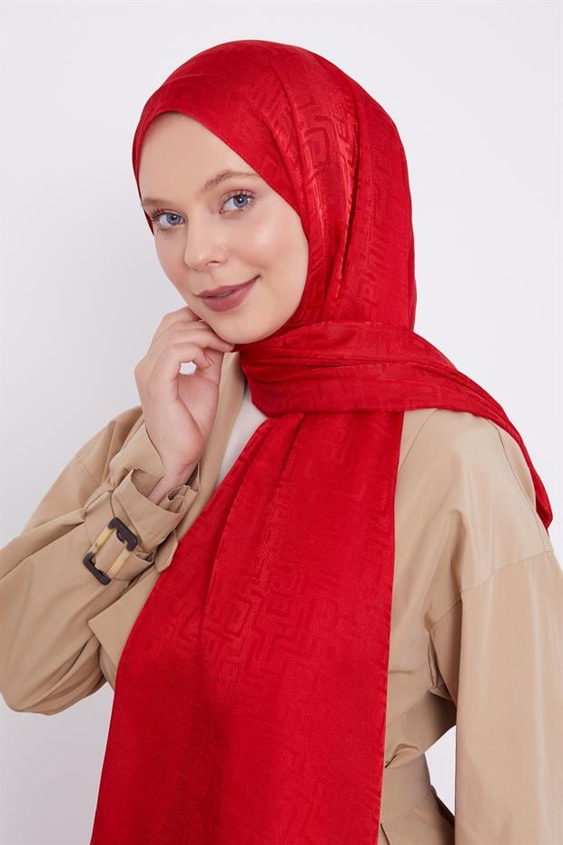 Kırmızı Labirent Desen Jakarlı Janjan Şal
