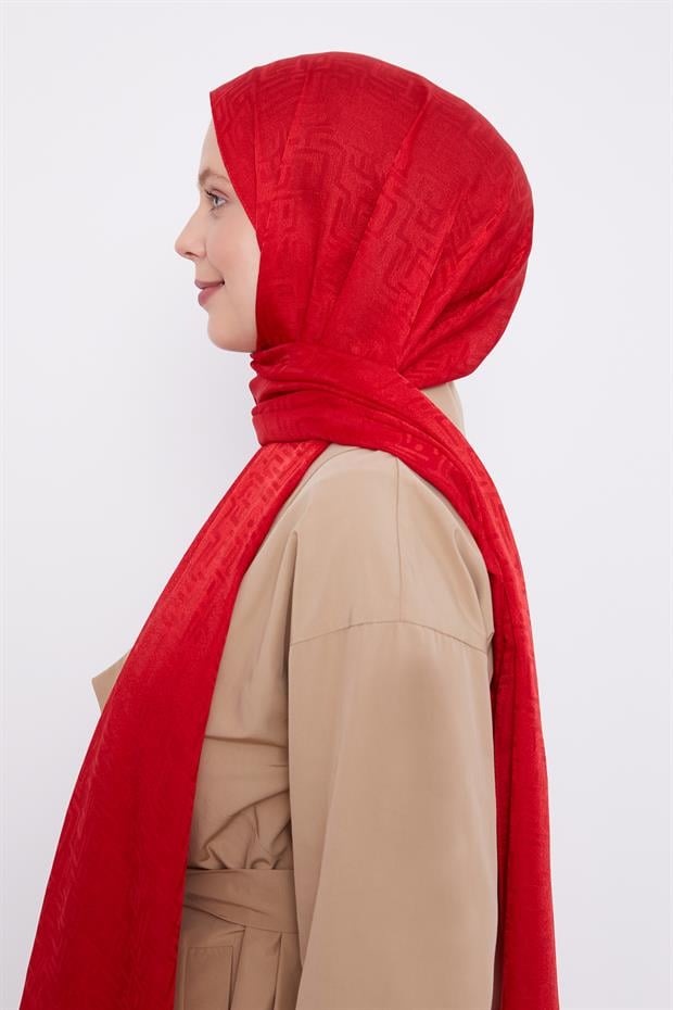 Kırmızı Labirent Desen Jakarlı Janjan Şal