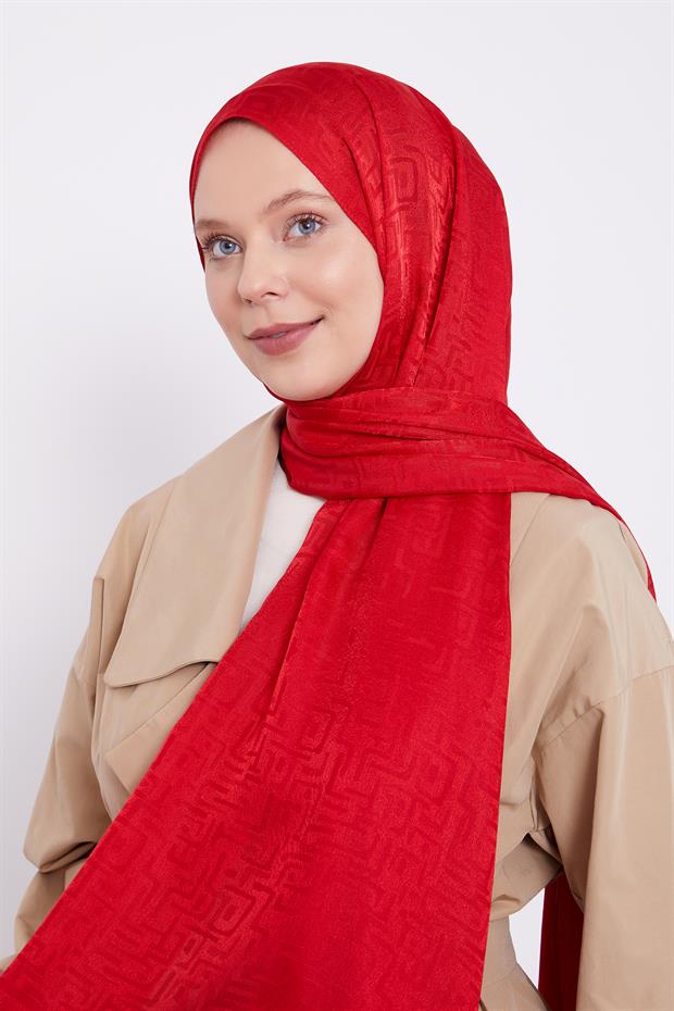Kırmızı Labirent Desen Jakarlı Janjan Şal