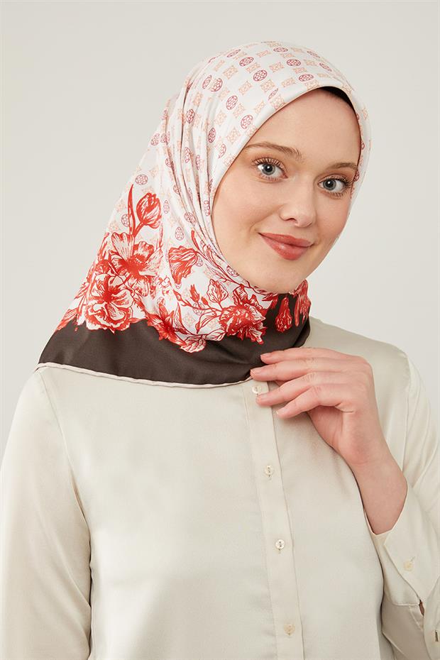 Kırmızı Nostaljik Desen Trend Twill Eşarp
